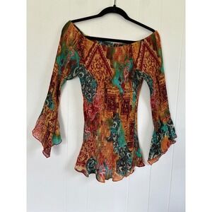 Essentials By Milano Womens Boho Bell Sleeve Off Shoulder Crinkle Fairy Top S